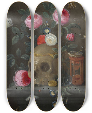 Triptych art skateboard deck of Jan Van Kessel The Elder Vanitas Still Life by Jan Van Kessel The Elder (1626-1679)