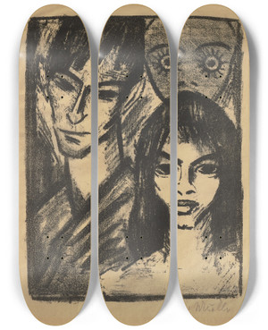 Triptych art skateboard deck of Otto Mueller Selbstbildnis Mit Modell Und Maske by Otto Mueller (1874-1930)