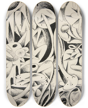 Triptych art skateboard deck of Rudolf Bauer Untitled Abstractforms_8 by Rudolf Bauer (1889-1953)