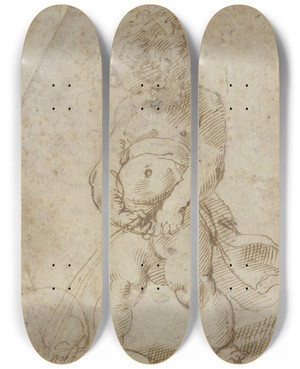 Triptych art skateboard deck of Annibale Carracci Pissing Boy by Annibale Carracci (1560-1609)