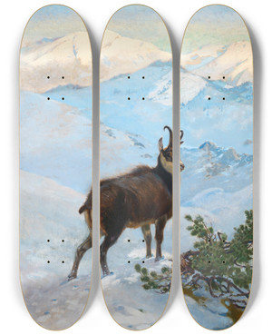 Triptych art skateboard deck of Albert Singer A Chamois In The Mountains by Albert Singer