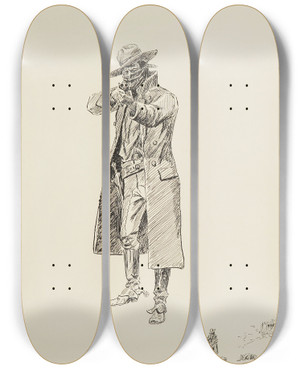 Triptych art skateboard deck of Charles Marion Russell The Road Agent by Charles Marion Russell (1864-1926)