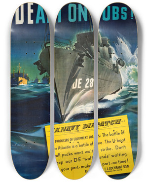 Triptych art skateboard deck of Jon Whitcomb Death On Subs by Jon Whitcomb (1906-1988)