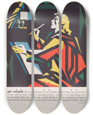 Triptych art skateboard deck of Joseph Binder St John by Joseph Binder (1898-1972)