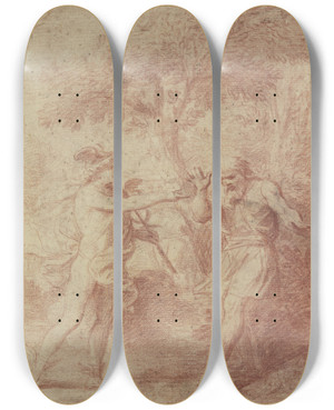 Triptych art skateboard deck of Filippo Lauri Mercury And Battus by Filippo Lauri (1623-1694)