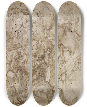Triptych art skateboard deck of Michelangelo Studies For A Holy Family by Michelangelo (1475-1564)