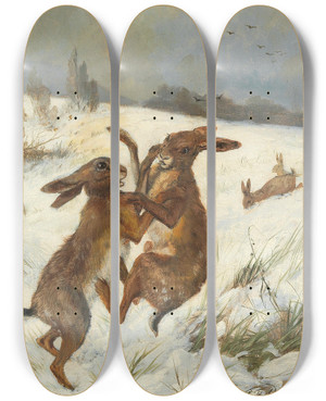 Triptych art skateboard deck of Carl Friedrich Deiker Hasen by Carl Friedrich Deiker (1836-1892)
