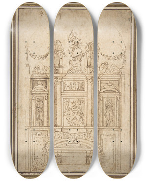 Triptych art skateboard deck of After Michelangelo Buonarroti Architectural Study by After Michelangelo Buonarroti (1475-1564)