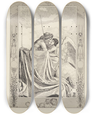 Triptych art skateboard deck of Max Klinger Amor Bei Jupiter Amor Und Psyche Opus V Blatt 42 by Max Klinger (1857-1920)