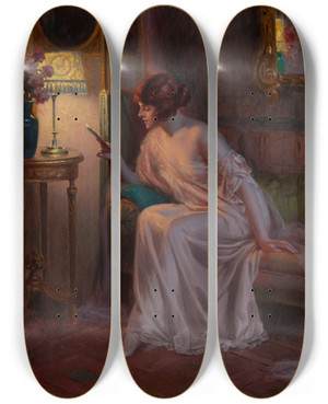 Triptych art skateboard deck of Delphin Enjolras Before Bedtime by Delphin Enjolras (1857-1945)