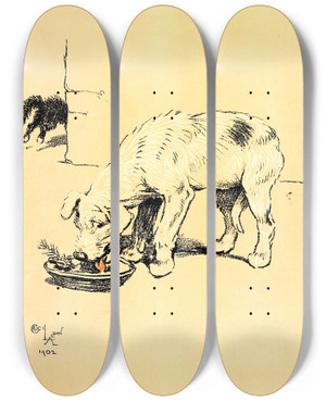 Triptych art skateboard deck of Cecil Charles Windsor Aldin A Dog Day Pl 10 by Cecil Charles Windsor Aldin (1870-1935)