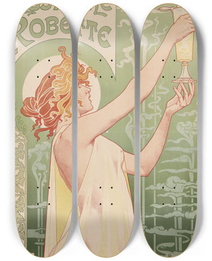 Triptych art skateboard deck of Henri Privatlivemont Absinthe Robette by Henri Privat-Livemont (1861-1936)