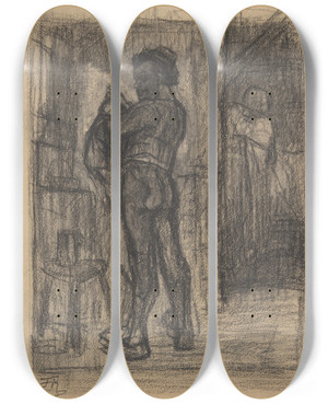 Triptych art skateboard deck of Flicien Rops Standing Man With Beer Mugs by Felicien Rops (1833-1898)