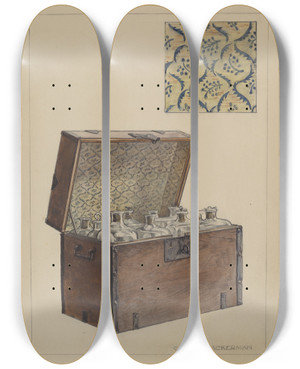 Triptych art skateboard deck of Gilbert Sackerman Medicine Bottle Chest by Gilbert Sackerman (20-)