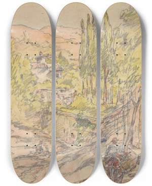 Triptych art skateboard deck of Walter Shirlaw Granada by Walter Shirlaw (1838-1909)