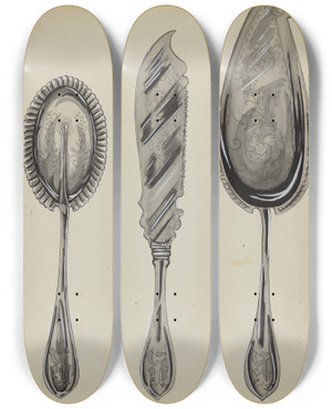 Triptych art skateboard deck of Ellen Duncan Silver Serving Set by Ellen Duncan