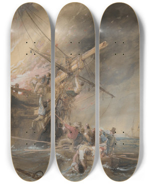 Triptych art skateboard deck of Clarkson Stanfield Fire At Sea by Clarkson Stanfield (1793-1867)