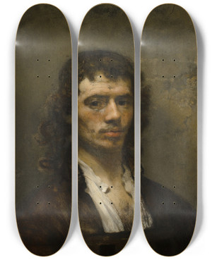 Triptych art skateboard deck of Carel Fabritius Selfportrait by Carel Fabritius (1622-1654)