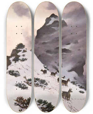 Triptych art skateboard deck of Stanisaw Witkiewicz Chamois In The Mountains by Stanislaw Witkiewicz (1851-1915)