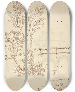 Triptych art skateboard deck of Joseph Farington Caversham Bridge Reading by Joseph Farington (1747-1821)