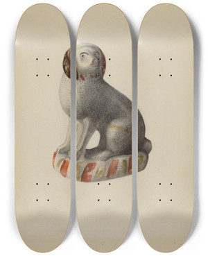 Triptych art skateboard deck of Mina Lowry Pa German Dog Figurine by Mina Lowry (1894-1942)