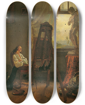 Triptych art skateboard deck of Josef Danhauser Der Eingeschlafene Maler Im Atelier by Josef Danhauser (1805-1845)