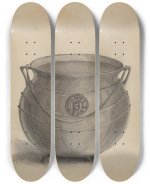 Triptych art skateboard deck of Columbus Simpson Iron Cooking Pot by Columbus Simpson