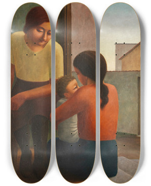 Triptych art skateboard deck of Georg Schrimpf Zwei Frauen Mit Kind by Georg Schrimpf (1889-1938)