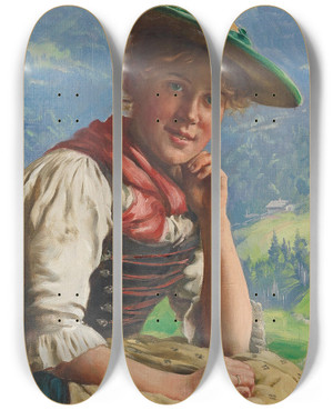 Triptych art skateboard deck of Emil Rau Young Lass Set Against A Landscape by Emil Rau (1858-1937)
