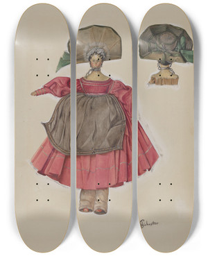 Triptych art skateboard deck of Beverly Chichester Dutch Doll by Beverly Chichester (20-)