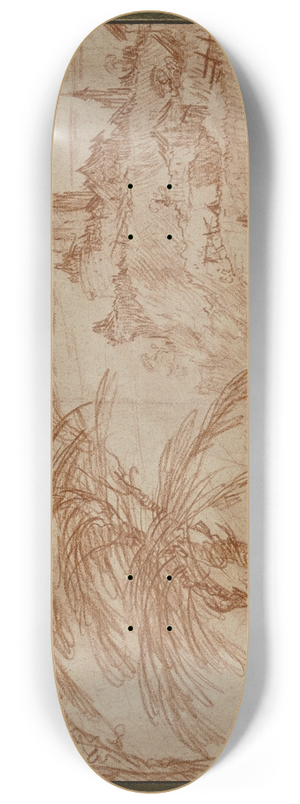 Jacques Callot - Landschaft, rechts auf einem Hgel ein groer Turm, links eine Baumpartie und einige Figuren 8.25 inch art skate deck