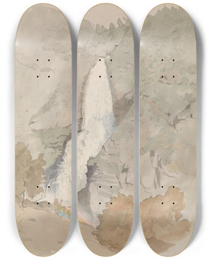 Triptych art skateboard deck of Hans Gude Sivlefoss Stalheim by Hans Gude (1825-1903)