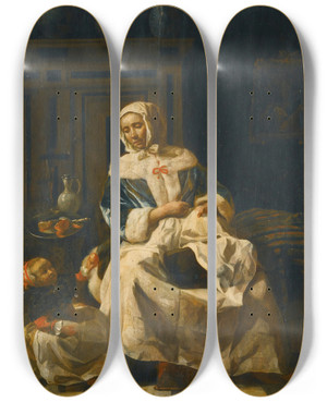 Triptych art skateboard deck of Jan Van Pee Amother And Child In An Interior by Jan Van Pee (1630-1710)