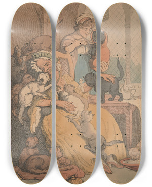 Triptych art skateboard deck of Thomas Rowlandson A Catamaran Or An Old Maids Nursery by Thomas Rowlandson (1756-1827)