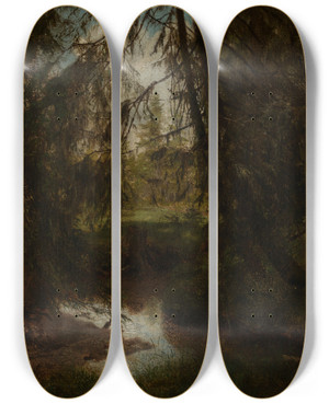 Triptych art skateboard deck of Hans Thoma Tannen Am Waldbach by Hans Thoma (1839-1924)