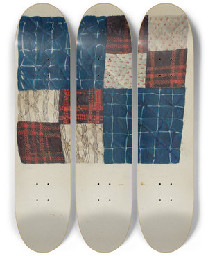 Triptych art skateboard deck of Baye M Yancey Quilt Square by Baye M Yancey