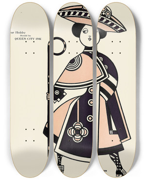 Triptych art skateboard deck of Augustus Jansson Queen City Ink Ad 34 by Augustus Jansson (1863-1931)