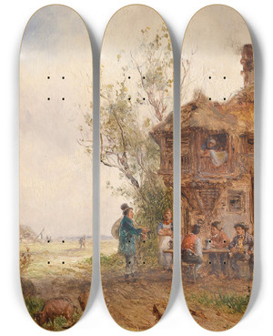 Triptych art skateboard deck of Anton Doll Rast Vor Dem Wirtshaus by Anton Doll (1826-1887)