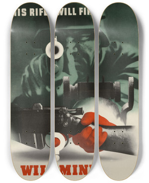 Triptych art skateboard deck of Abram Games His Rifle Will Fire Will Mine by Abram Games (1914-1996)