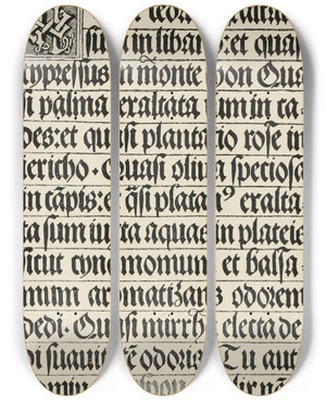 Triptych art skateboard deck of Frank Chouteau Brown German Blackletter Page by Frank Chouteau Brown (1876-1947)