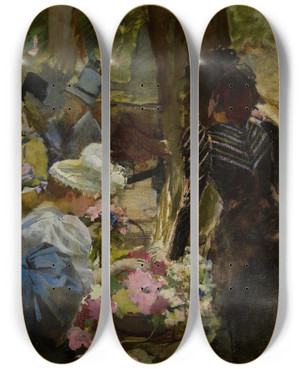 Triptych art skateboard deck of Henri Gervex Le March Aux Fleurs by Henri Gervex (1852-1929)