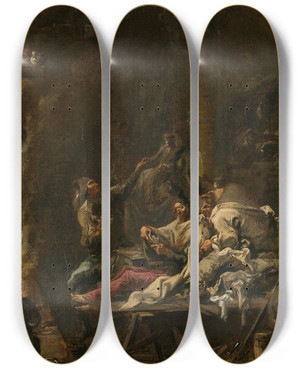 Triptych art skateboard deck of Alessandro Magnasco Cardplayers By A Fire by Alessandro Magnasco (1667-1749)