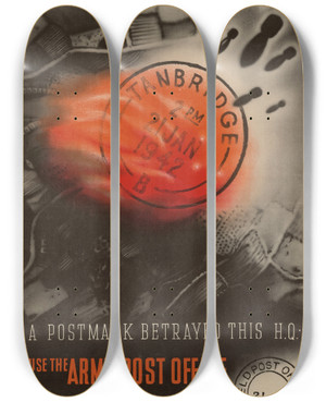 Triptych art skateboard deck of Abram Games A Postmark Betrayed This Hq by Abram Games (1914-1996)