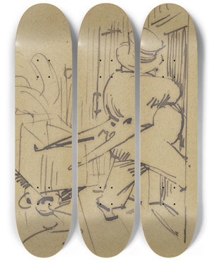 Triptych art skateboard deck of Wilhelm Busch Herr Knopp Durchschreitet Einen Raum by Wilhelm Busch (1832-1908)