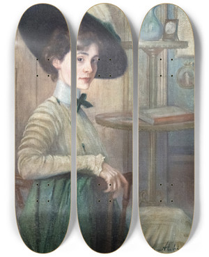 Triptych art skateboard deck of Jane Atch Selfportrait With A Green Hat by Jane Atche (1872-1937)