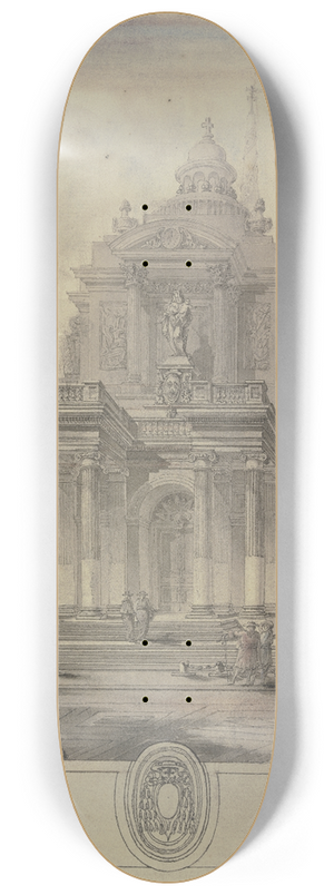 Jacques-Franois Blondel - Ansicht eines Domes mit gewundener Turmspitze und angeschnittenen Flgelgebuden, unten ein leeres Kardinalwappen 8.25 inch art skate deck