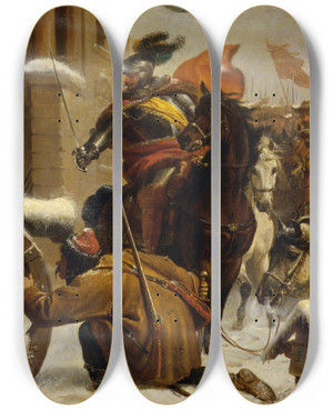 Triptych art skateboard deck of Karl Von Blaas Johann De Werths Berfall Bei Tuttlingen 1643 by Karl Von Blaas (1815-1894)