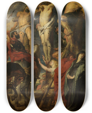 Triptych art skateboard deck of Anthony Van Dyck Christ On The Cross Le Coup De Lance by Anthony Van Dyck (1599-1641)