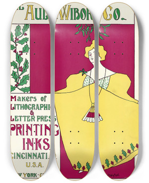 Triptych art skateboard deck of Carolyn Huntington Ault And Wiborg Ad 093 by Carolyn Huntington (19-)