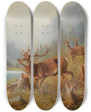 Triptych art skateboard deck of Moritz Mller A Bellowing Stag by Moritz Melzer (1841-1899)